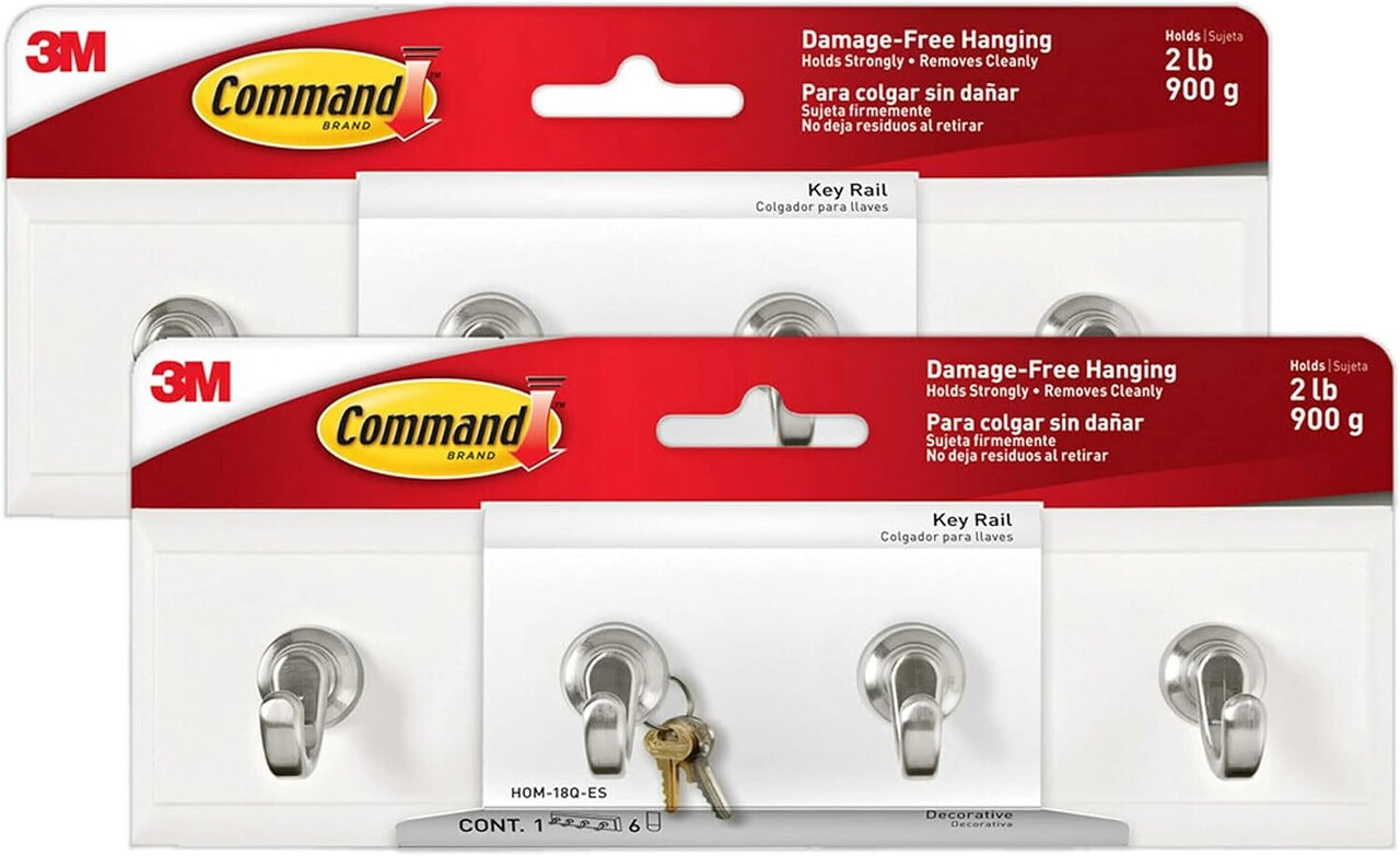 Command Key Rails, Total 2 Key Racks with 12 Command Strips, 2 Pack of 1 Rail, 4 Key Hooks on One Rail, Organize Damage-Free